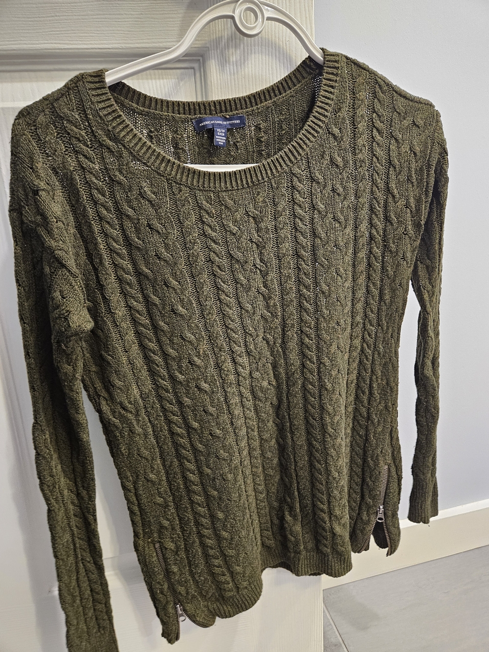 American Eagle Outfitters Women's Olive Green Cable Knit Wide-Neck Sweater
